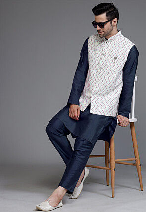 Block Printed Art Silk Kurta Set in Navy Blue and Off White