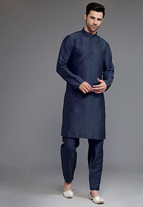 Block Printed Art Silk Kurta Set in Navy Blue and Off White