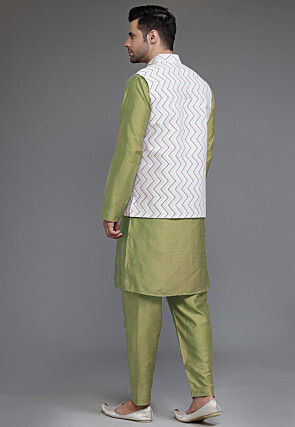 Block Printed Art Silk Kurta Set in Olive Green and Off White