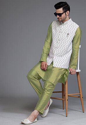 Block Printed Art Silk Kurta Set in Olive Green and Off White