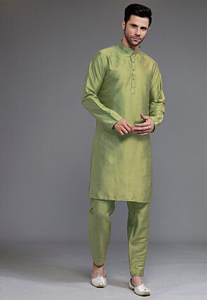 Block Printed Art Silk Kurta Set in Olive Green and Off White