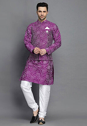 Block Printed Art Silk Kurta Set in Dark Purple