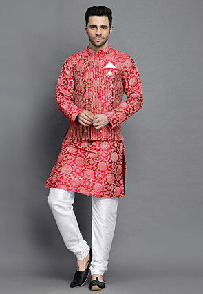 Block Printed Art Silk Kurta Set in Red