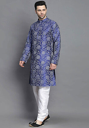 Block Printed Art Silk Kurta Set in Royal Blue
