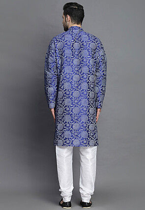 Block Printed Art Silk Kurta Set in Royal Blue