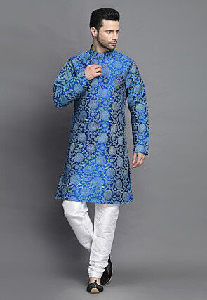 Block Printed Art Silk Kurta Set in Royal Blue