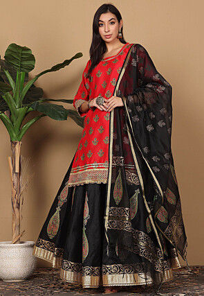 Block Printed Art Silk Lehenga in Black