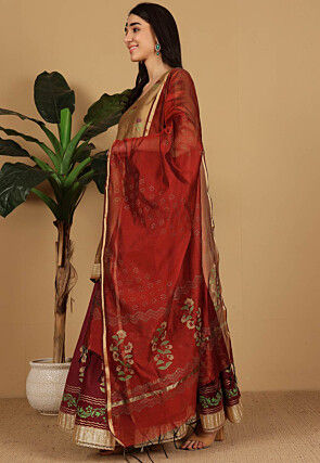 Block Printed Dupion Silk Lehenga in Maroon