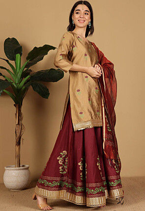 Block Printed Dupion Silk Lehenga in Maroon