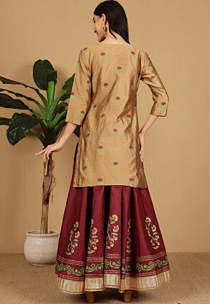 Block Printed Dupion Silk Lehenga in Maroon