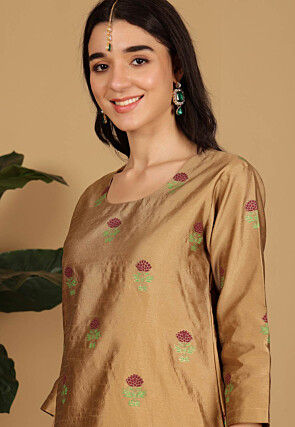 Block Printed Dupion Silk Lehenga in Maroon