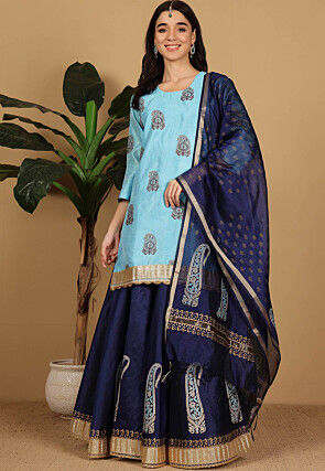 Block Printed Dupion Silk Lehenga in Navy Blue