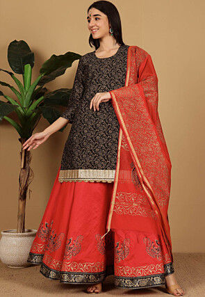 Block Printed Dupion Silk Lehenga in Red