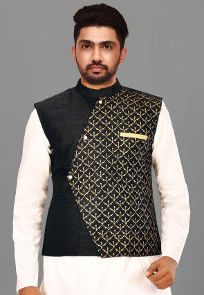 Block Printed Art Silk Nehru Jacket in Black