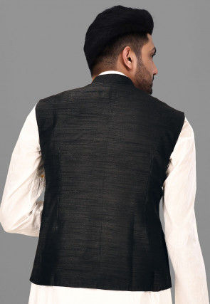 Block Printed Art Silk Nehru Jacket in Black