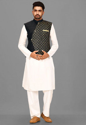 Block Printed Art Silk Nehru Jacket in Black