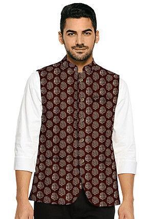Block Printed Art Silk Nehru Jacket in Brown