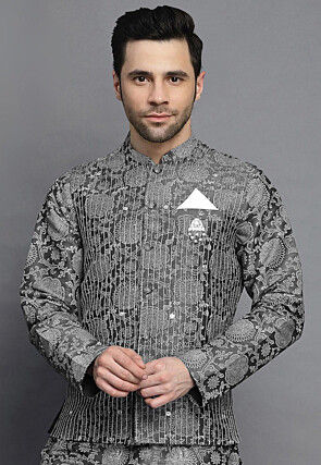 Block Printed Art Silk Nehru Jacket in Grey