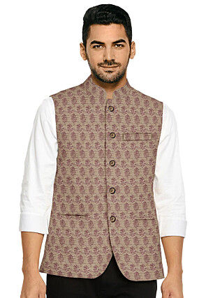 Block Printed Art Silk Nehru Jacket in Light Beige