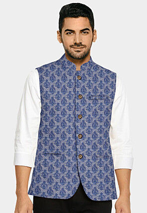 Block Printed Art Silk Nehru Jacket in Light Blue