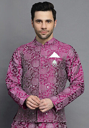 Block Printed Art Silk Nehru Jacket in Magenta