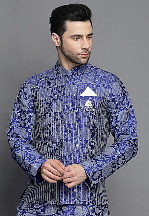 Block Printed Art Silk Nehru Jacket in Royal Blue