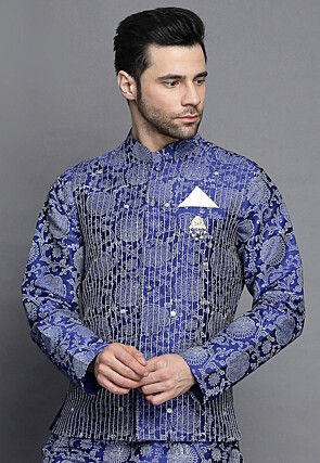 Block Printed Art Silk Nehru Jacket in Royal Blue