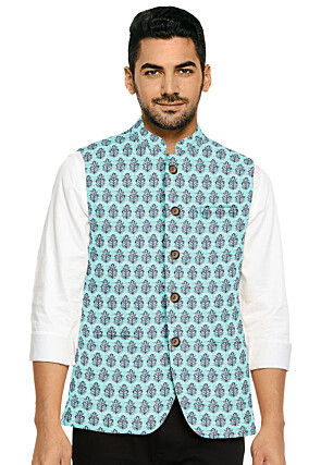 Block Printed Art Silk Nehru Jacket in Sky Blue