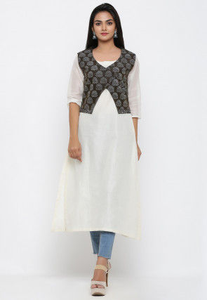 Block Printed Art Silk Overlapping Jacket in Black