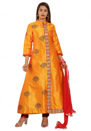 Block Printed Art Silk Pakistani Suit in Mustard
