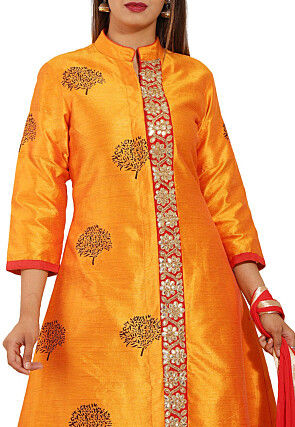 Block Printed Art Silk Pakistani Suit in Mustard