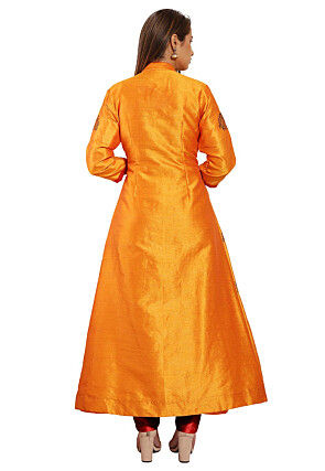 Block Printed Art Silk Pakistani Suit in Mustard