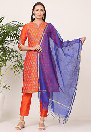 Block Printed Art Silk Pakistani Suit in Orange