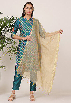 Block Printed Art Silk Pakistani Suit in Teal Green