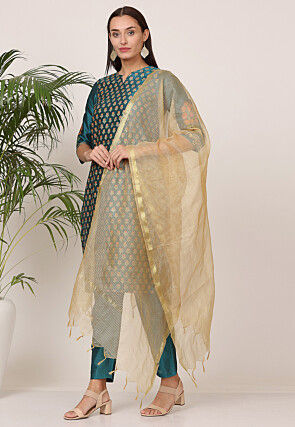 Block Printed Art Silk Pakistani Suit in Teal Green