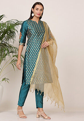 Block Printed Art Silk Pakistani Suit in Teal Green