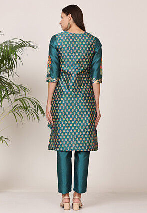 Block Printed Art Silk Pakistani Suit in Teal Green