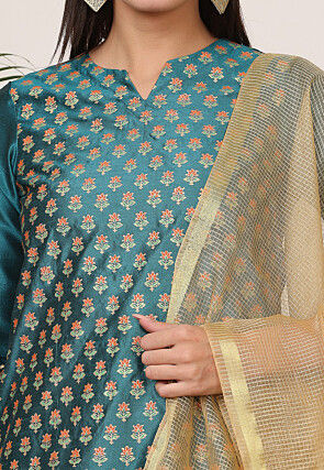 Block Printed Art Silk Pakistani Suit in Teal Green