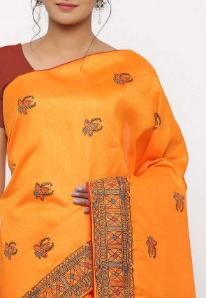 Block Printed Art Silk Saree in Orange