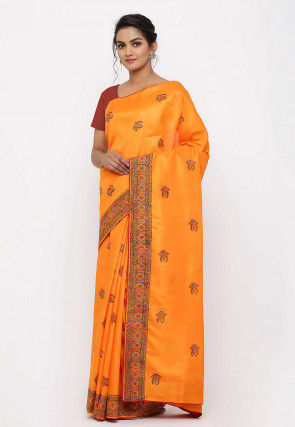 Block Printed Art Silk Saree in Orange