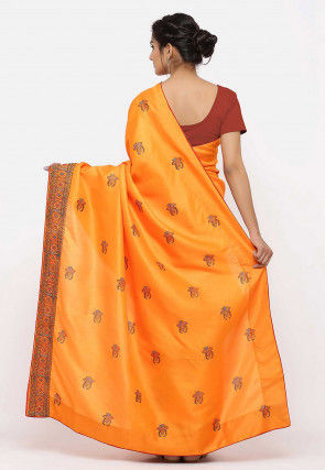 Block Printed Art Silk Saree in Orange