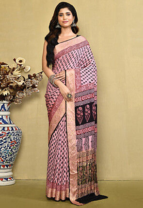 Designer indigo block printed saree with lace border – Sujatra