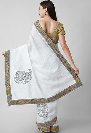 Block Printed Art Silk Saree in White
