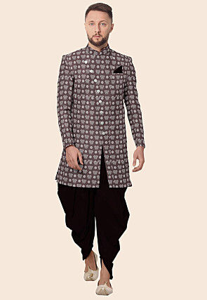 Block Printed Art Silk Sherwani in Brown