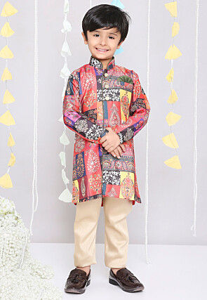 Block Printed Art Silk Sherwani in Multicolor