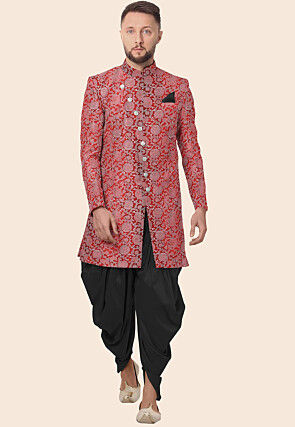 Block Printed Art Silk Sherwani in Red
