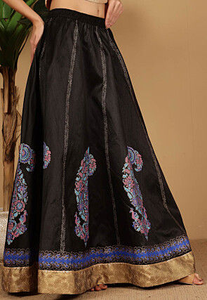 Block Printed Art Silk Skirt in Black
