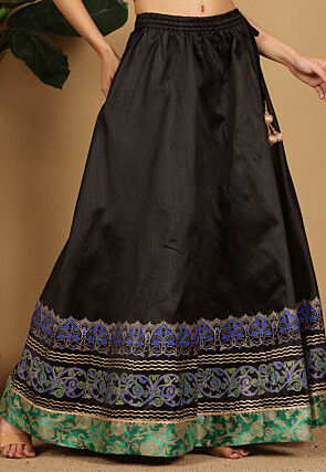 Block Printed Art Silk Skirt in Black