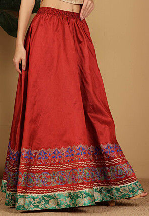 Block Printed Art Silk Skirt in Maroon