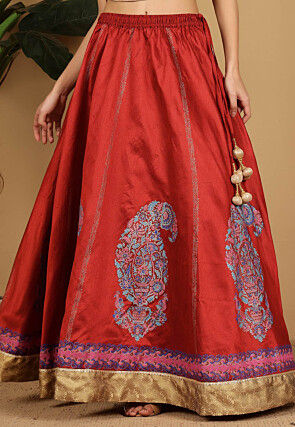Block Printed Art Silk Skirt in Maroon